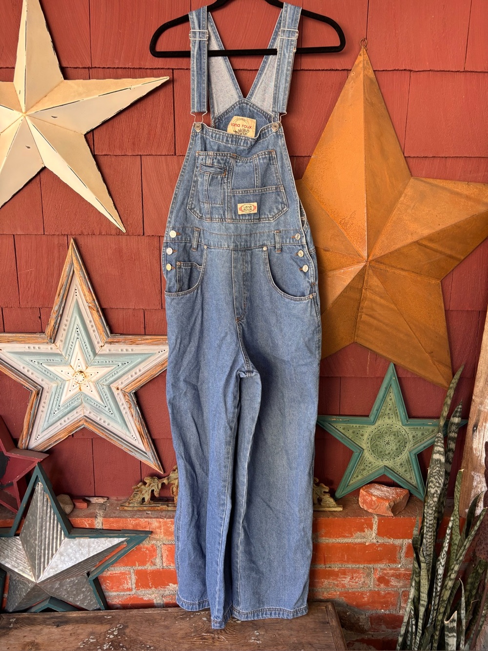 Y2K Retro Lana Roux Denim Baggy Wide Straight Bib Overalls Women Size L